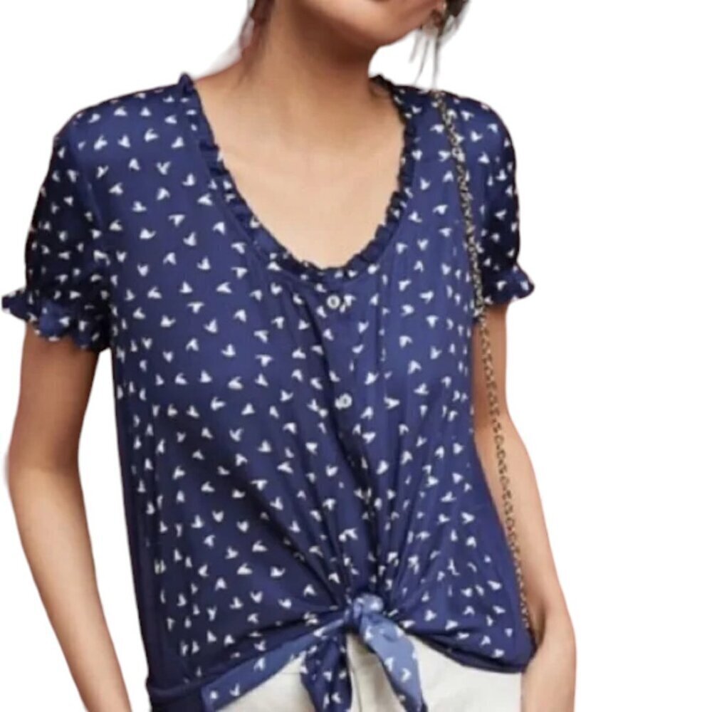 Dolan Sydney Bird Short Sleeve Blouse Top Navy White Mixed Media